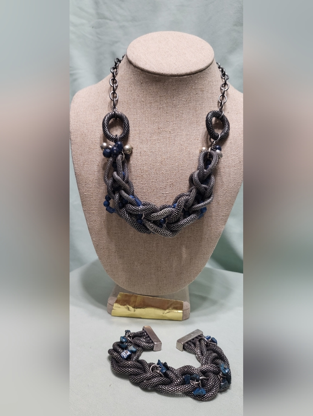 Coldwater Creek Black-Tone Braided Necklace & Matching Bracelet W/ Navy Beads